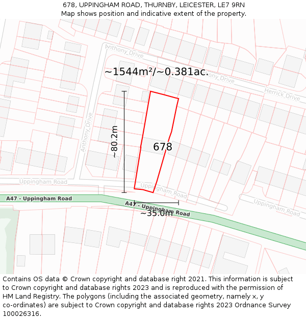 678, UPPINGHAM ROAD, THURNBY, LEICESTER, LE7 9RN: Plot and title map