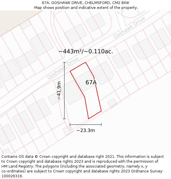 67A, GOSHAWK DRIVE, CHELMSFORD, CM2 8XW: Plot and title map