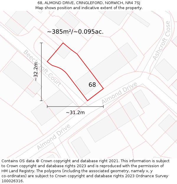 68, ALMOND DRIVE, CRINGLEFORD, NORWICH, NR4 7SJ: Plot and title map