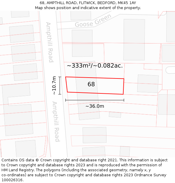 68, AMPTHILL ROAD, FLITWICK, BEDFORD, MK45 1AY: Plot and title map