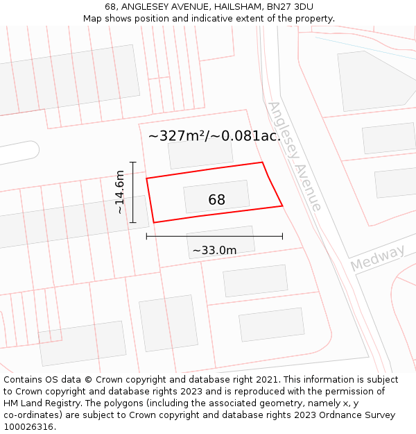 68, ANGLESEY AVENUE, HAILSHAM, BN27 3DU: Plot and title map