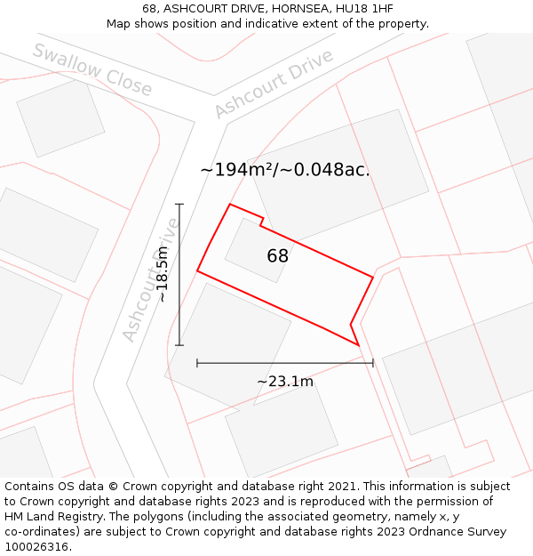 68, ASHCOURT DRIVE, HORNSEA, HU18 1HF: Plot and title map