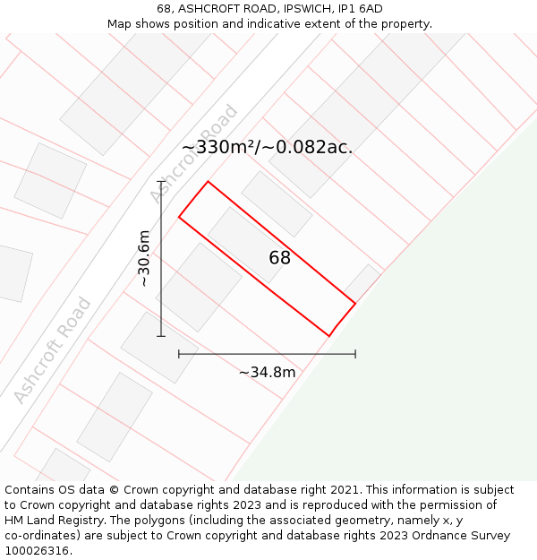 68, ASHCROFT ROAD, IPSWICH, IP1 6AD: Plot and title map