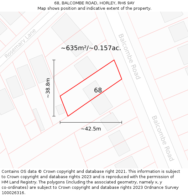 68, BALCOMBE ROAD, HORLEY, RH6 9AY: Plot and title map