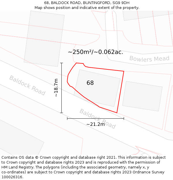 68, BALDOCK ROAD, BUNTINGFORD, SG9 9DH: Plot and title map
