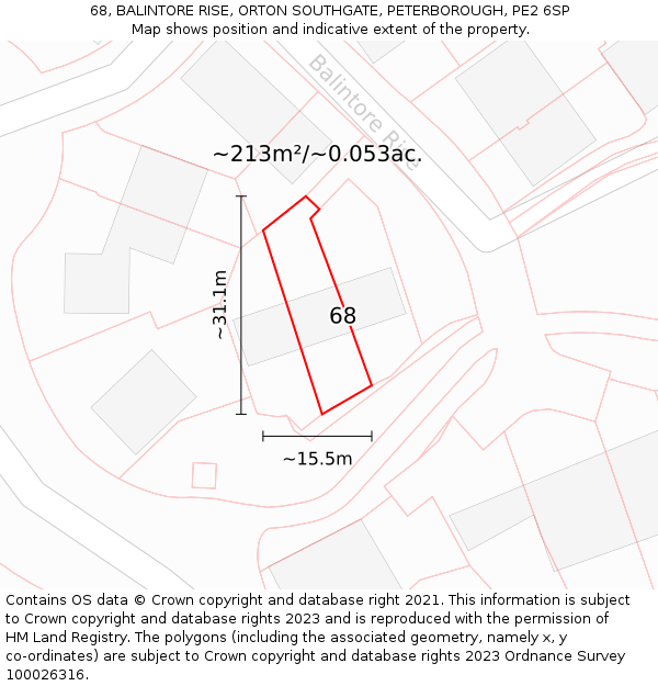 68, BALINTORE RISE, ORTON SOUTHGATE, PETERBOROUGH, PE2 6SP: Plot and title map