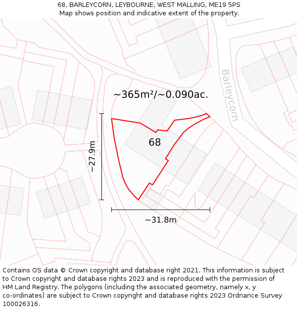 68, BARLEYCORN, LEYBOURNE, WEST MALLING, ME19 5PS: Plot and title map