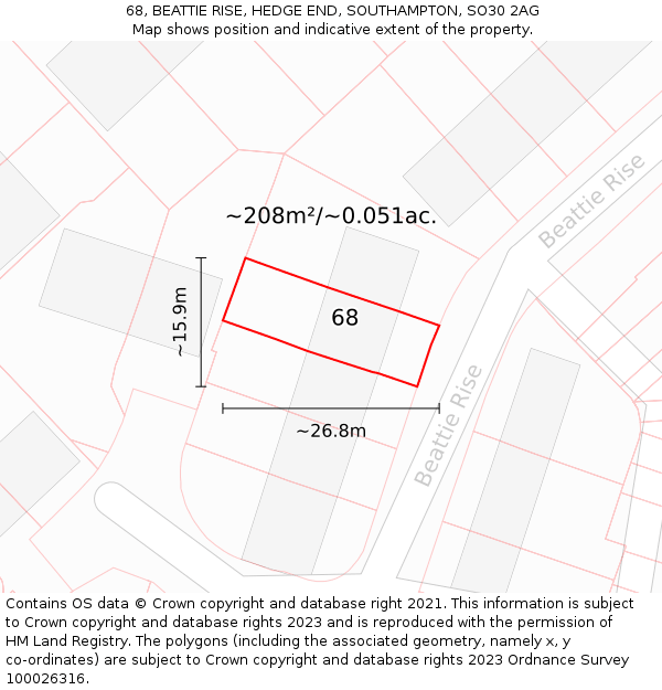 68, BEATTIE RISE, HEDGE END, SOUTHAMPTON, SO30 2AG: Plot and title map