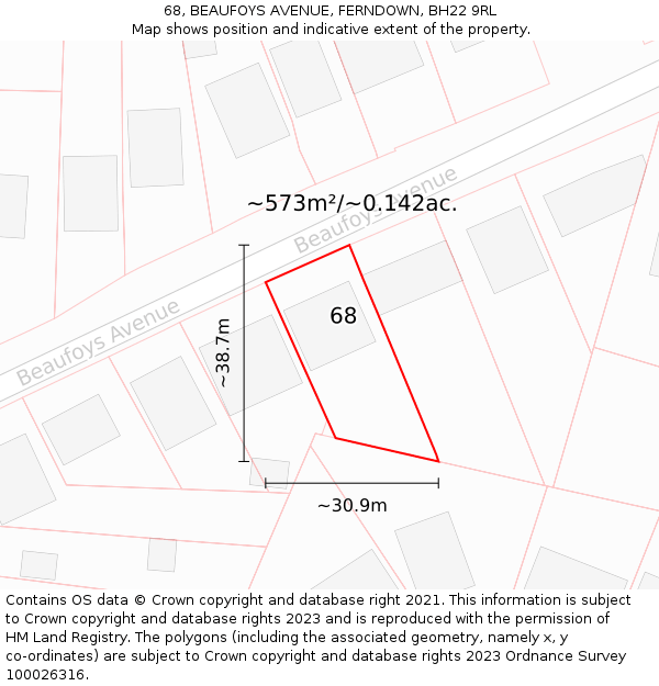 68, BEAUFOYS AVENUE, FERNDOWN, BH22 9RL: Plot and title map