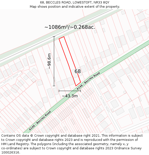 68, BECCLES ROAD, LOWESTOFT, NR33 8QY: Plot and title map