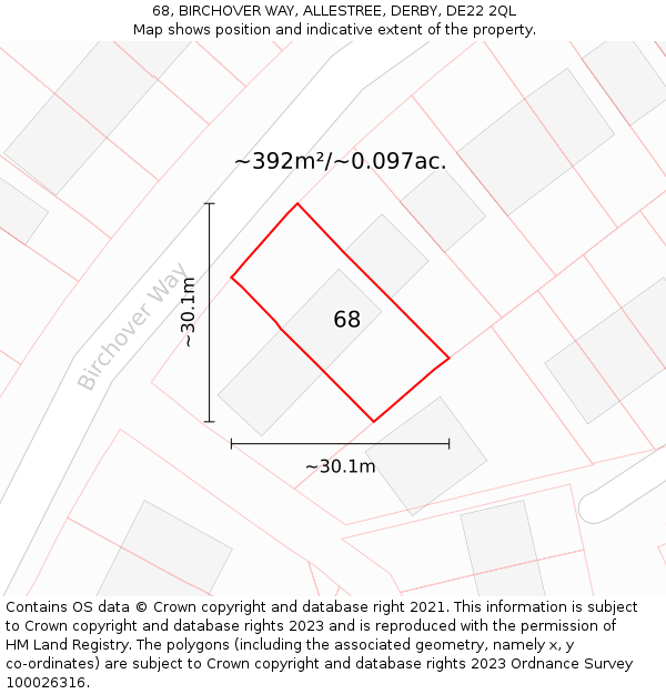 68, BIRCHOVER WAY, ALLESTREE, DERBY, DE22 2QL: Plot and title map