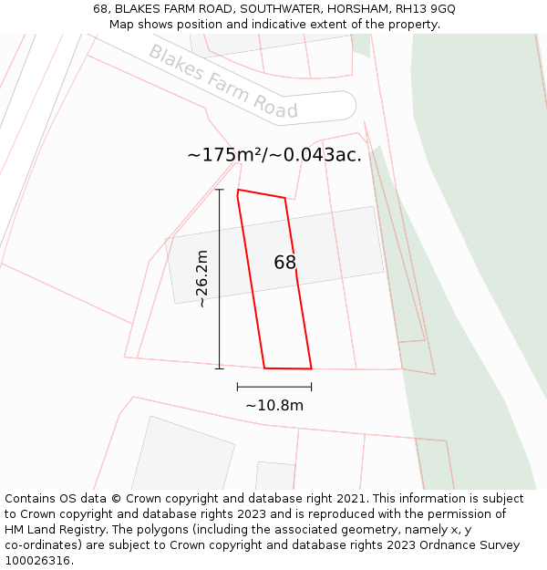 68, BLAKES FARM ROAD, SOUTHWATER, HORSHAM, RH13 9GQ: Plot and title map