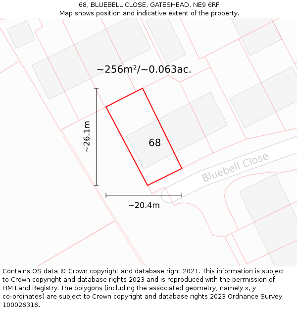 68, BLUEBELL CLOSE, GATESHEAD, NE9 6RF: Plot and title map