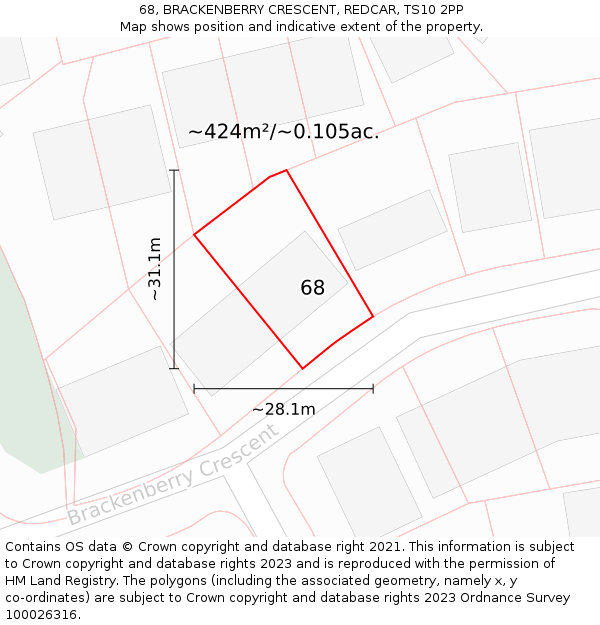 68, BRACKENBERRY CRESCENT, REDCAR, TS10 2PP: Plot and title map