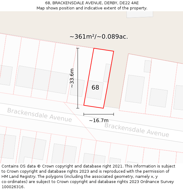 68, BRACKENSDALE AVENUE, DERBY, DE22 4AE: Plot and title map