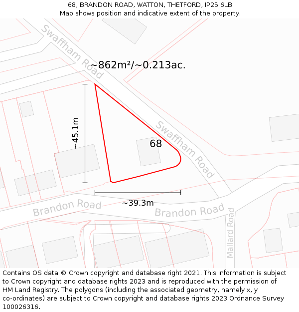 68, BRANDON ROAD, WATTON, THETFORD, IP25 6LB: Plot and title map