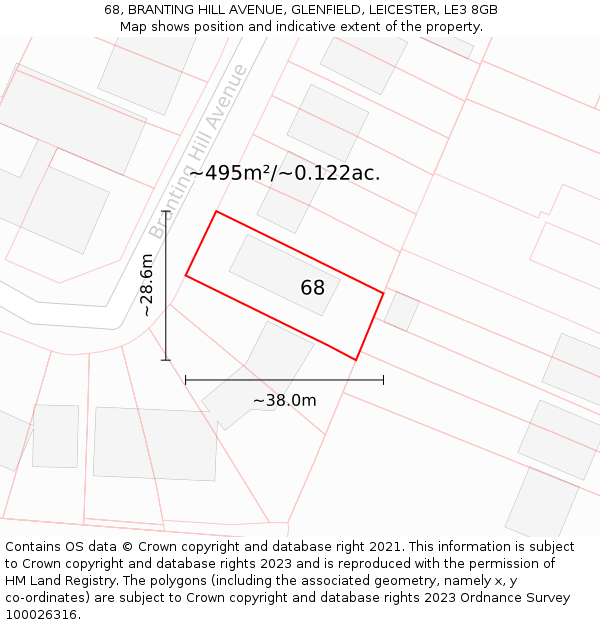 68, BRANTING HILL AVENUE, GLENFIELD, LEICESTER, LE3 8GB: Plot and title map