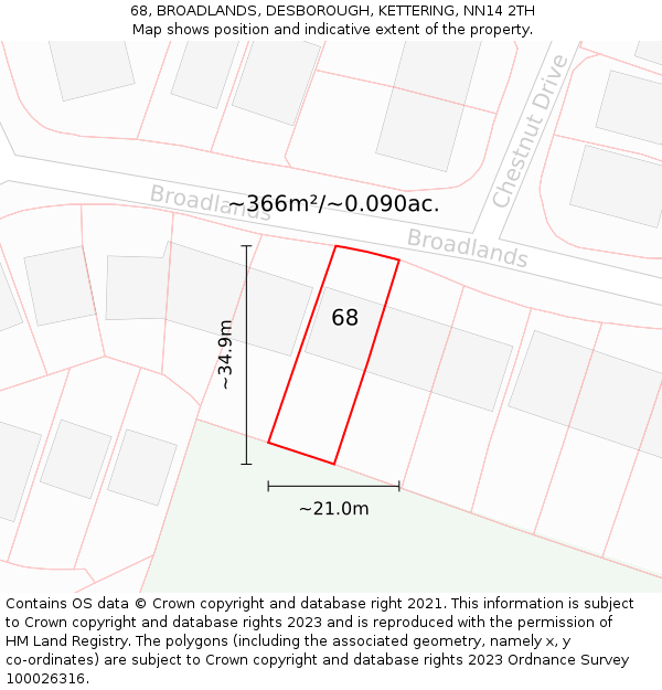 68, BROADLANDS, DESBOROUGH, KETTERING, NN14 2TH: Plot and title map