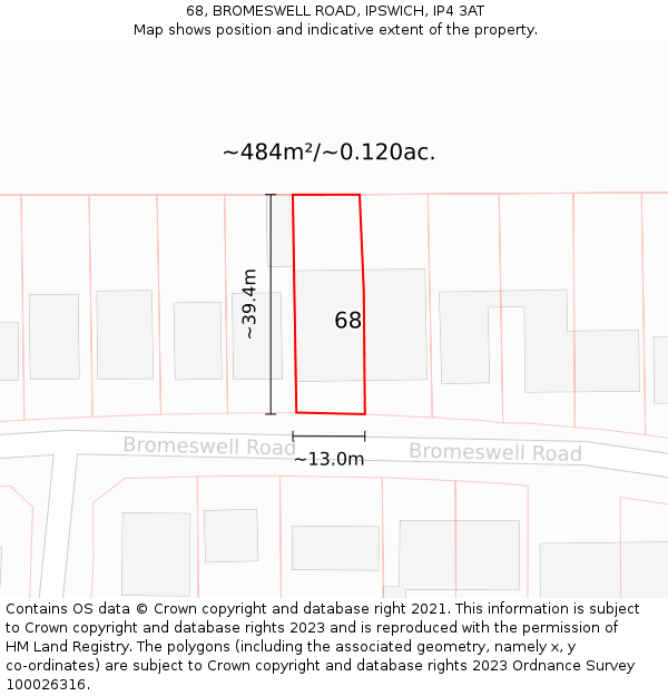 68, BROMESWELL ROAD, IPSWICH, IP4 3AT: Plot and title map