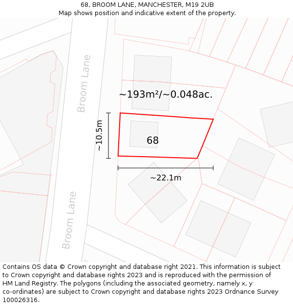 68, BROOM LANE, MANCHESTER, M19 2UB: Plot and title map