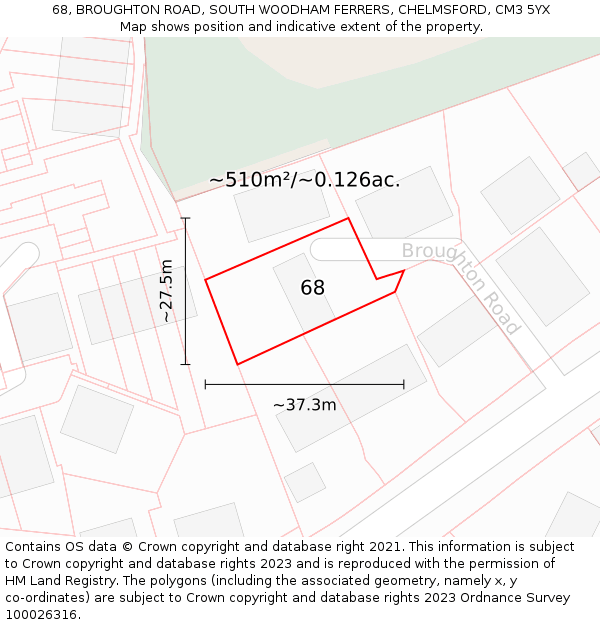 68, BROUGHTON ROAD, SOUTH WOODHAM FERRERS, CHELMSFORD, CM3 5YX: Plot and title map