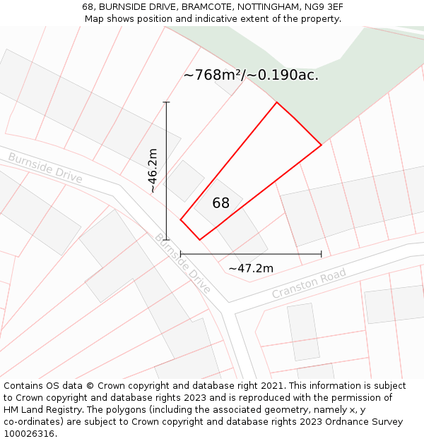 68, BURNSIDE DRIVE, BRAMCOTE, NOTTINGHAM, NG9 3EF: Plot and title map