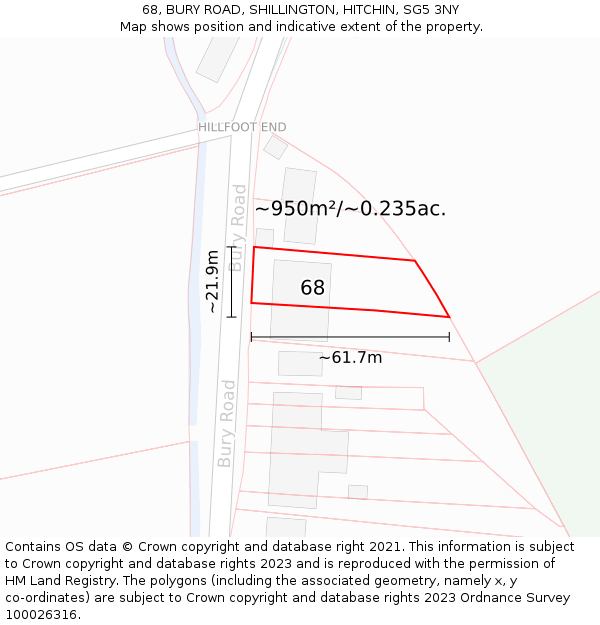 68, BURY ROAD, SHILLINGTON, HITCHIN, SG5 3NY: Plot and title map