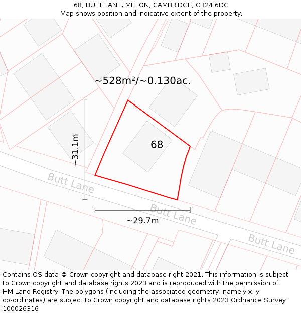 68, BUTT LANE, MILTON, CAMBRIDGE, CB24 6DG: Plot and title map