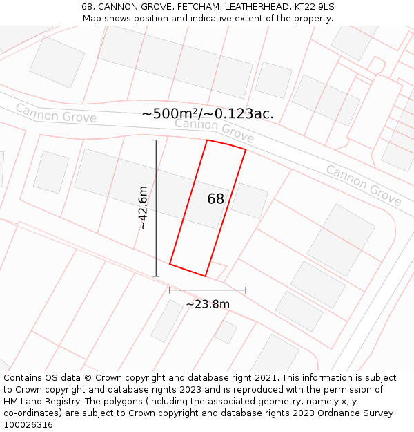 68, CANNON GROVE, FETCHAM, LEATHERHEAD, KT22 9LS: Plot and title map