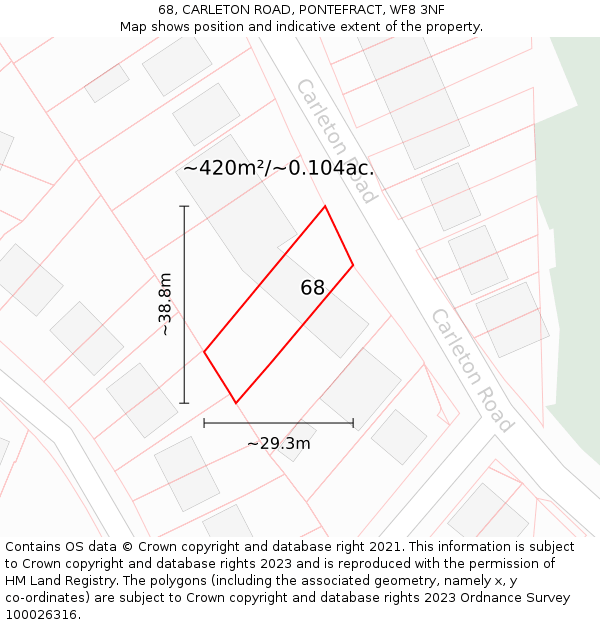 68, CARLETON ROAD, PONTEFRACT, WF8 3NF: Plot and title map