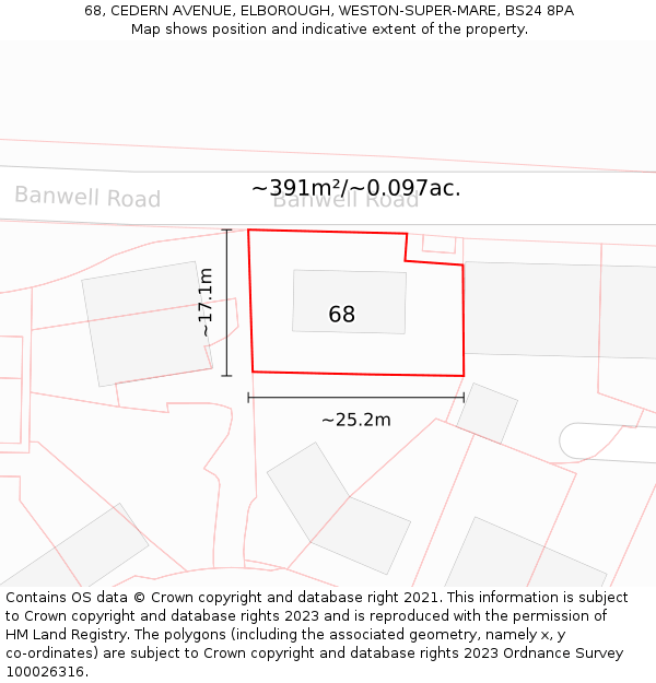 68, CEDERN AVENUE, ELBOROUGH, WESTON-SUPER-MARE, BS24 8PA: Plot and title map