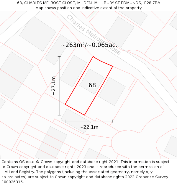 68, CHARLES MELROSE CLOSE, MILDENHALL, BURY ST EDMUNDS, IP28 7BA: Plot and title map