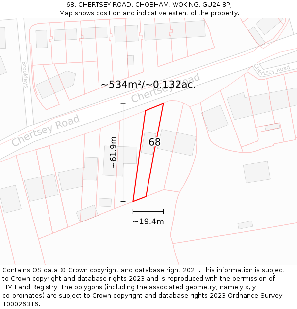 68, CHERTSEY ROAD, CHOBHAM, WOKING, GU24 8PJ: Plot and title map
