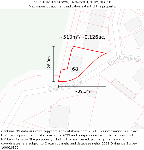 68, CHURCH MEADOW, UNSWORTH, BURY, BL9 8JF: Plot and title map