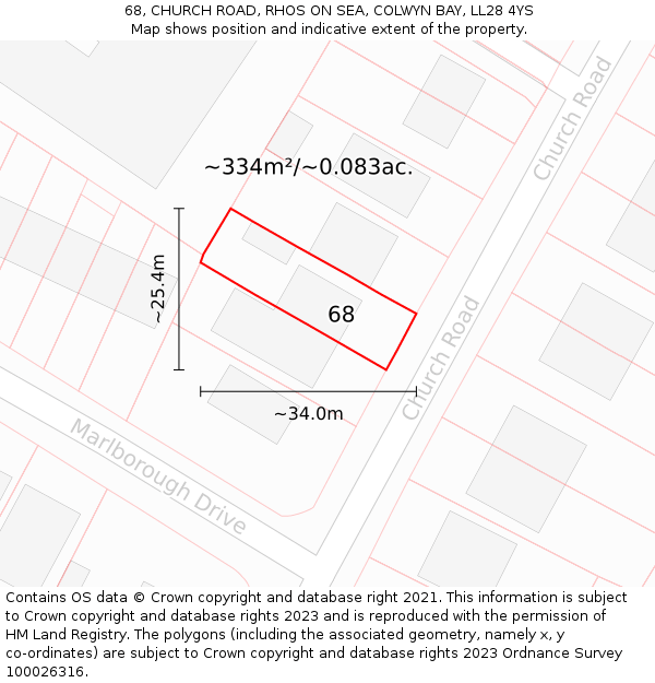 68, CHURCH ROAD, RHOS ON SEA, COLWYN BAY, LL28 4YS: Plot and title map