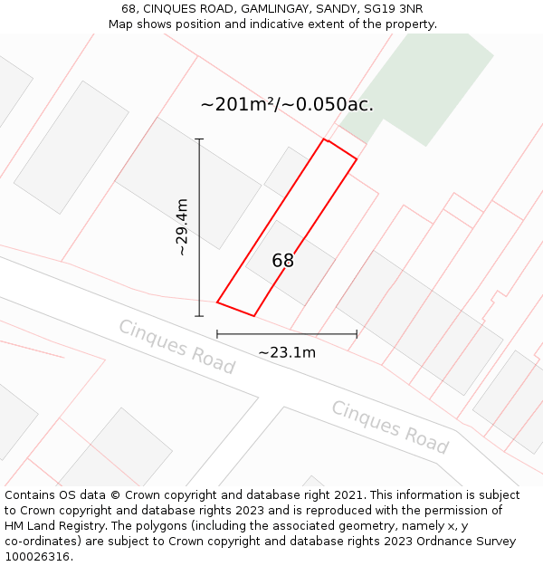 68, CINQUES ROAD, GAMLINGAY, SANDY, SG19 3NR: Plot and title map