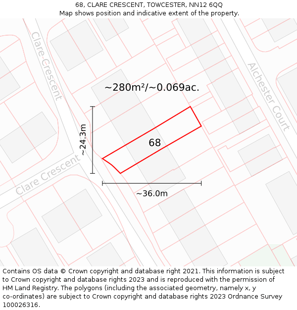 68, CLARE CRESCENT, TOWCESTER, NN12 6QQ: Plot and title map