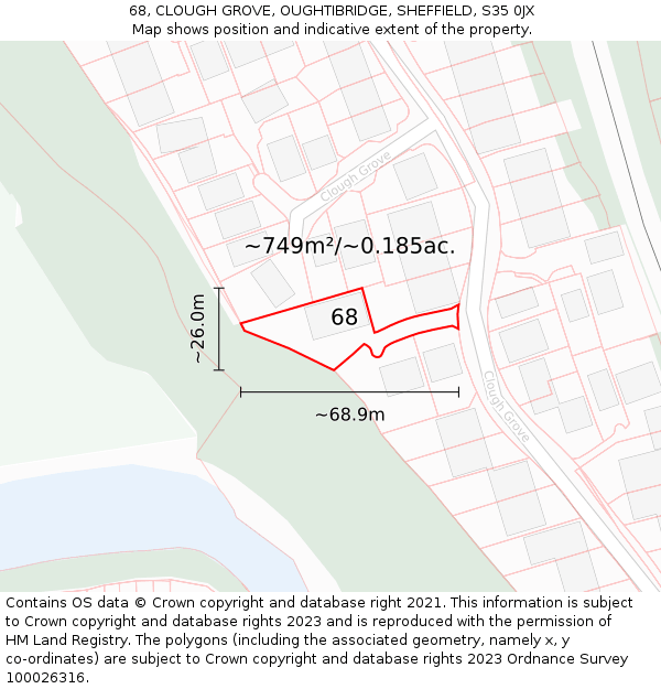 68, CLOUGH GROVE, OUGHTIBRIDGE, SHEFFIELD, S35 0JX: Plot and title map