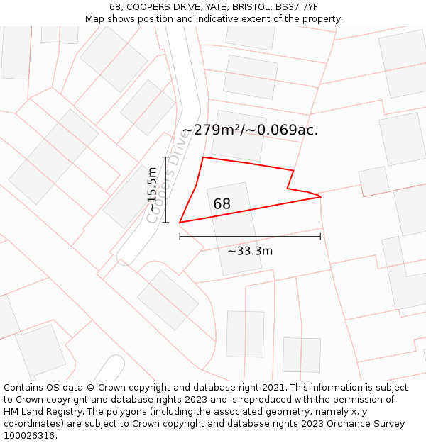 68, COOPERS DRIVE, YATE, BRISTOL, BS37 7YF: Plot and title map
