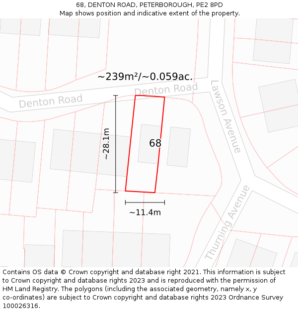 68, DENTON ROAD, PETERBOROUGH, PE2 8PD: Plot and title map