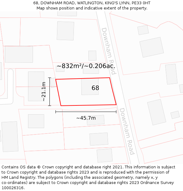 68, DOWNHAM ROAD, WATLINGTON, KING'S LYNN, PE33 0HT: Plot and title map