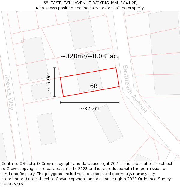 68, EASTHEATH AVENUE, WOKINGHAM, RG41 2PJ: Plot and title map