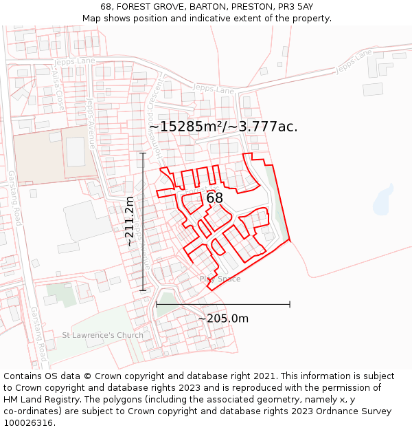 68, FOREST GROVE, BARTON, PRESTON, PR3 5AY: Plot and title map