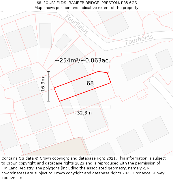 68, FOURFIELDS, BAMBER BRIDGE, PRESTON, PR5 6GS: Plot and title map