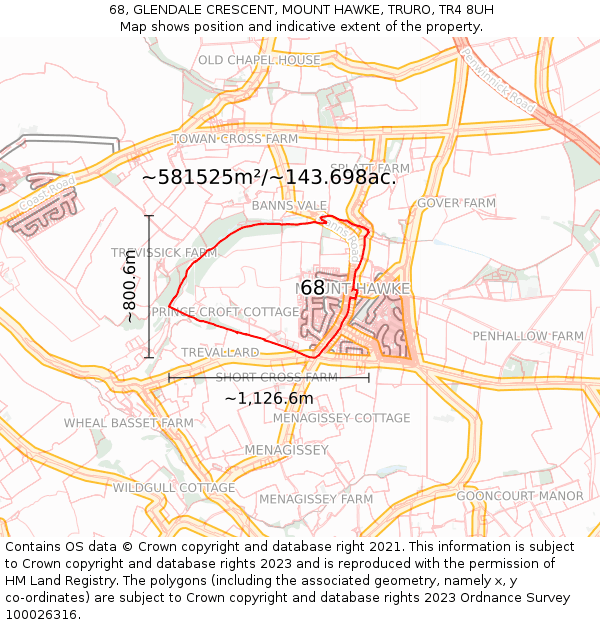 68, GLENDALE CRESCENT, MOUNT HAWKE, TRURO, TR4 8UH: Plot and title map