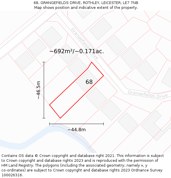 68, GRANGEFIELDS DRIVE, ROTHLEY, LEICESTER, LE7 7NB: Plot and title map