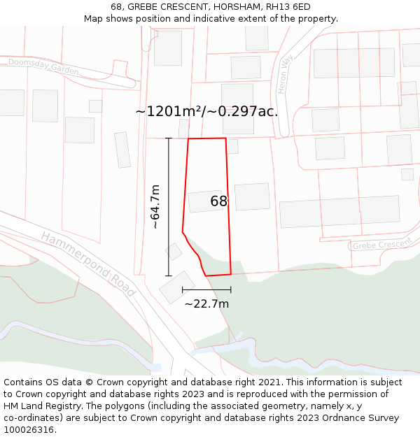 68, GREBE CRESCENT, HORSHAM, RH13 6ED: Plot and title map