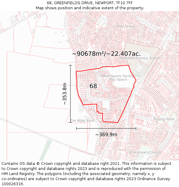 68, GREENFIELDS DRIVE, NEWPORT, TF10 7FF: Plot and title map