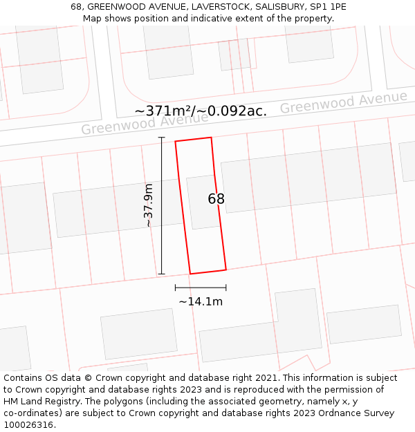 68, GREENWOOD AVENUE, LAVERSTOCK, SALISBURY, SP1 1PE: Plot and title map