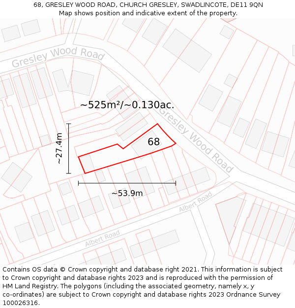 68, GRESLEY WOOD ROAD, CHURCH GRESLEY, SWADLINCOTE, DE11 9QN: Plot and title map